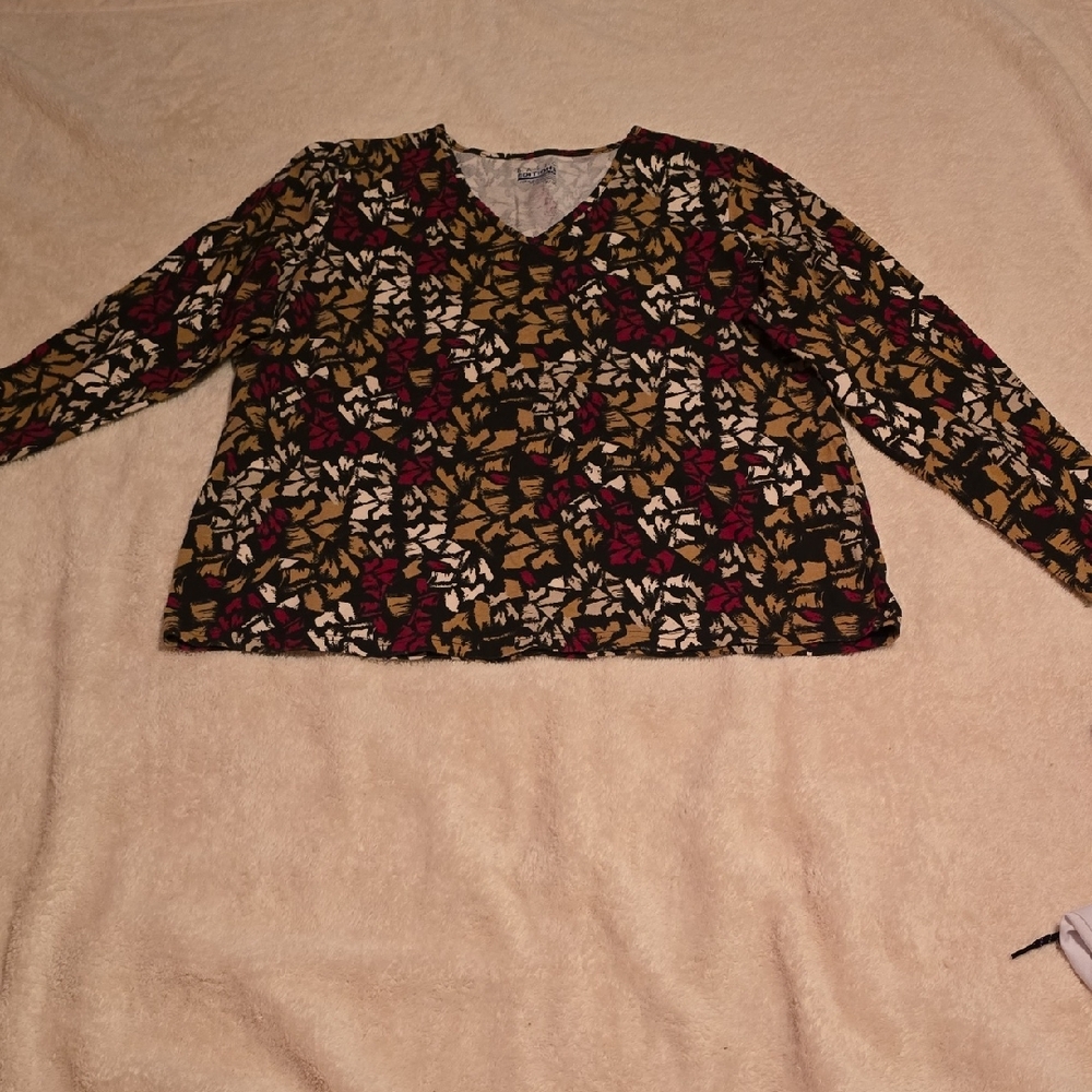 Basic Editions Women's Long Sleeve Top - Black, Red, Gold Pattern